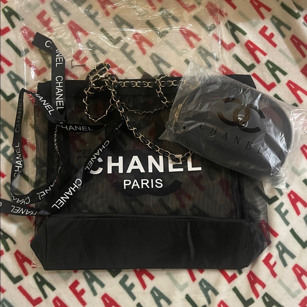 CHANEL Black Mesh Shoulder Tote Bag  VIP Gift With Silver Chain & Pouch